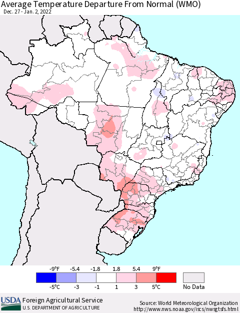 Brazil Average Temperature Departure from Normal (WMO) Thematic Map For 12/27/2021 - 1/2/2022