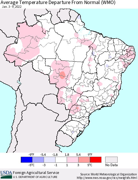 Brazil Average Temperature Departure from Normal (WMO) Thematic Map For 1/3/2022 - 1/9/2022