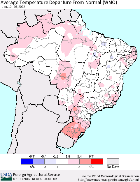 Brazil Average Temperature Departure from Normal (WMO) Thematic Map For 1/10/2022 - 1/16/2022