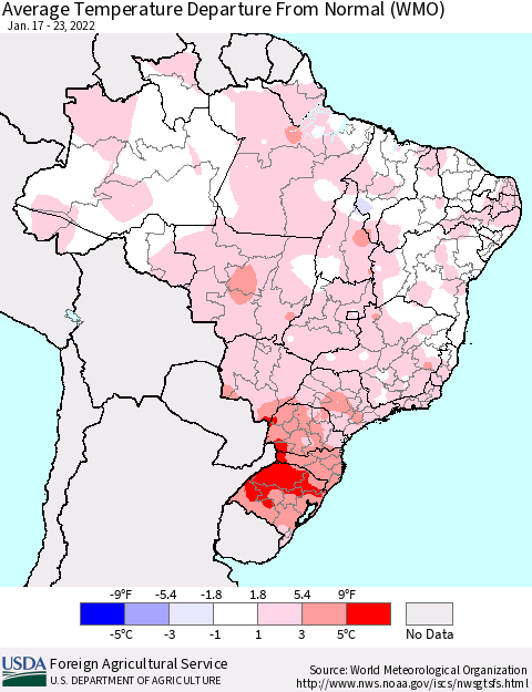 Brazil Average Temperature Departure from Normal (WMO) Thematic Map For 1/17/2022 - 1/23/2022