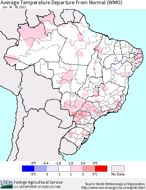 Brazil Average Temperature Departure from Normal (WMO) Thematic Map For 1/24/2022 - 1/30/2022