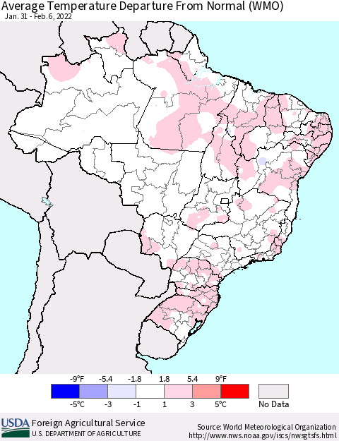 Brazil Average Temperature Departure from Normal (WMO) Thematic Map For 1/31/2022 - 2/6/2022