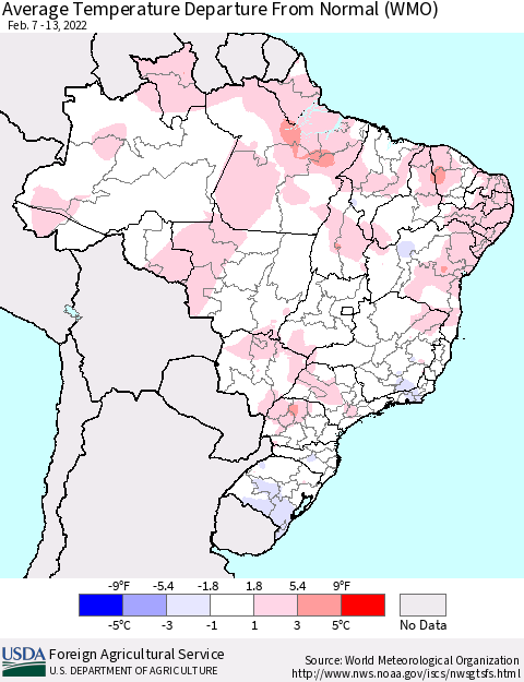 Brazil Average Temperature Departure from Normal (WMO) Thematic Map For 2/7/2022 - 2/13/2022