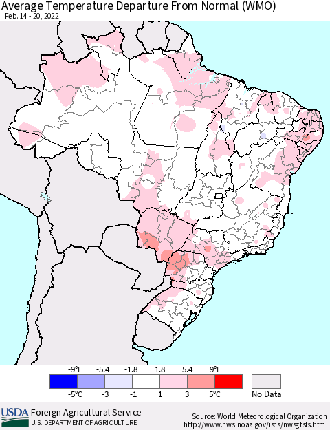 Brazil Average Temperature Departure from Normal (WMO) Thematic Map For 2/14/2022 - 2/20/2022