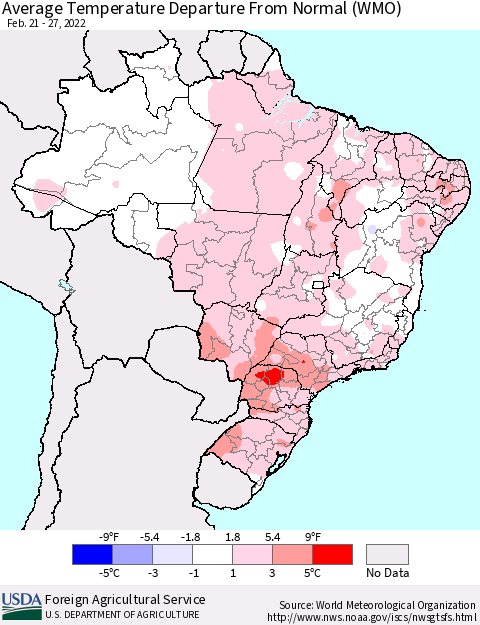 Brazil Average Temperature Departure from Normal (WMO) Thematic Map For 2/21/2022 - 2/27/2022