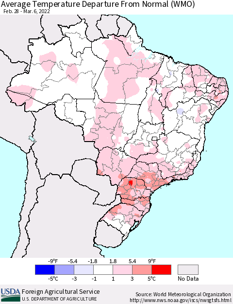 Brazil Average Temperature Departure from Normal (WMO) Thematic Map For 2/28/2022 - 3/6/2022