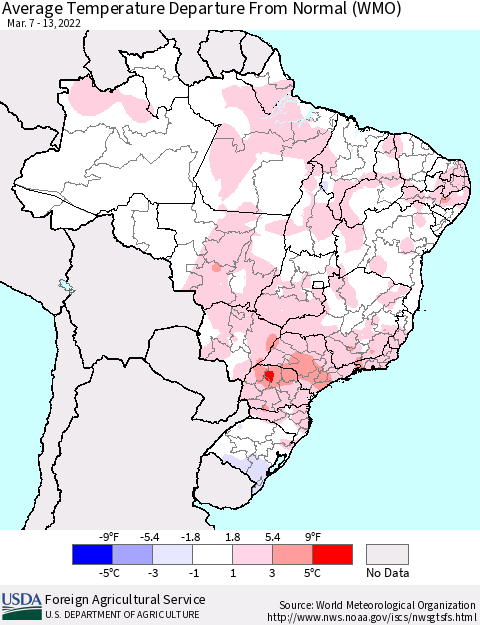 Brazil Average Temperature Departure from Normal (WMO) Thematic Map For 3/7/2022 - 3/13/2022