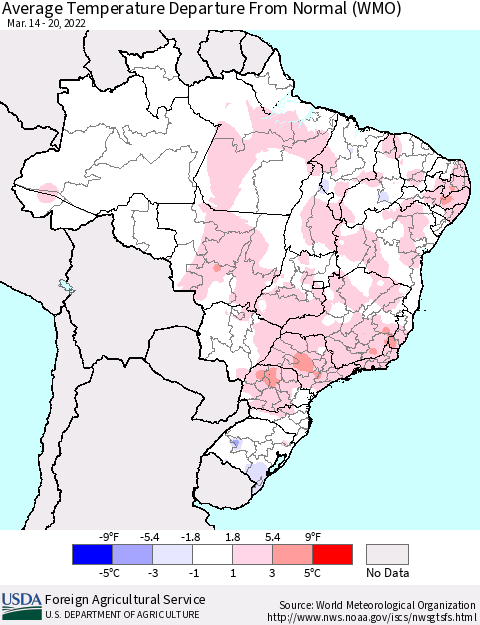 Brazil Average Temperature Departure from Normal (WMO) Thematic Map For 3/14/2022 - 3/20/2022