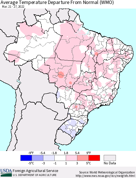 Brazil Average Temperature Departure from Normal (WMO) Thematic Map For 3/21/2022 - 3/27/2022