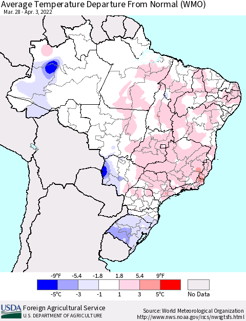 Brazil Average Temperature Departure from Normal (WMO) Thematic Map For 3/28/2022 - 4/3/2022