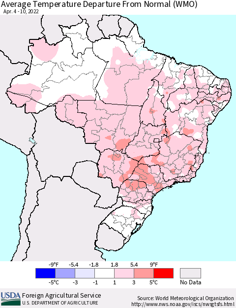 Brazil Average Temperature Departure from Normal (WMO) Thematic Map For 4/4/2022 - 4/10/2022