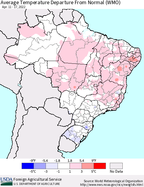 Brazil Average Temperature Departure from Normal (WMO) Thematic Map For 4/11/2022 - 4/17/2022