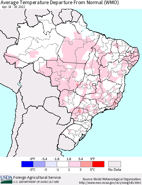 Brazil Average Temperature Departure from Normal (WMO) Thematic Map For 4/18/2022 - 4/24/2022