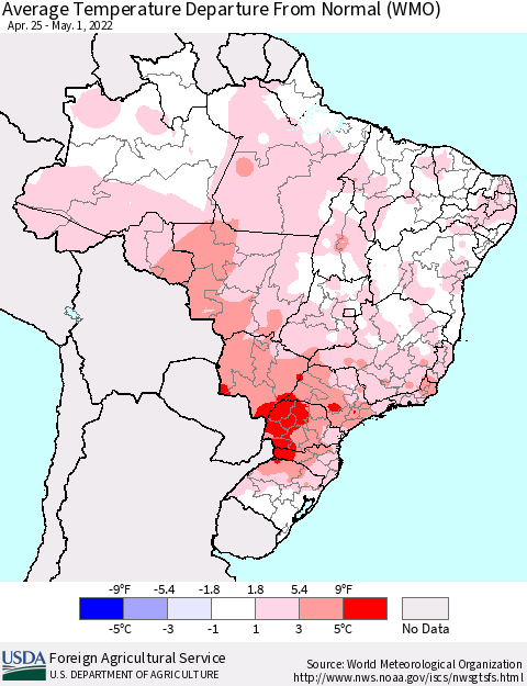 Brazil Average Temperature Departure from Normal (WMO) Thematic Map For 4/25/2022 - 5/1/2022