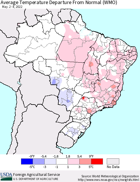 Brazil Average Temperature Departure from Normal (WMO) Thematic Map For 5/2/2022 - 5/8/2022