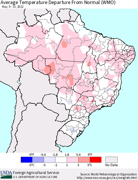 Brazil Average Temperature Departure from Normal (WMO) Thematic Map For 5/9/2022 - 5/15/2022