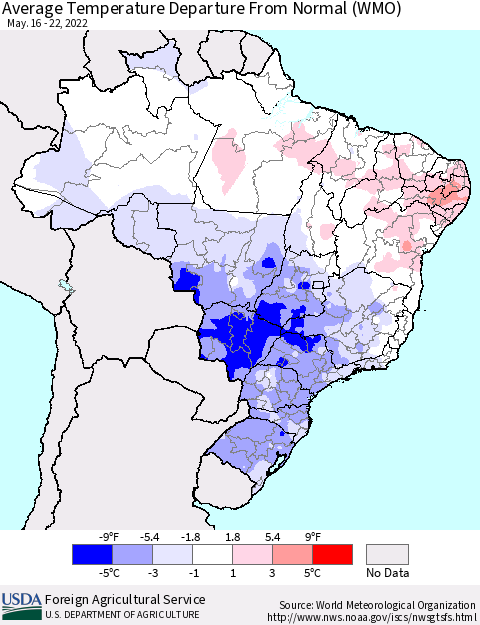 Brazil Average Temperature Departure from Normal (WMO) Thematic Map For 5/16/2022 - 5/22/2022