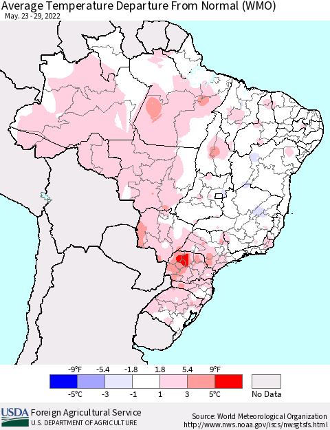Brazil Average Temperature Departure from Normal (WMO) Thematic Map For 5/23/2022 - 5/29/2022