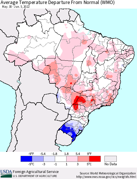 Brazil Average Temperature Departure from Normal (WMO) Thematic Map For 5/30/2022 - 6/5/2022