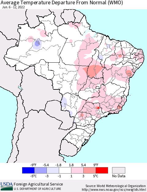 Brazil Average Temperature Departure from Normal (WMO) Thematic Map For 6/6/2022 - 6/12/2022