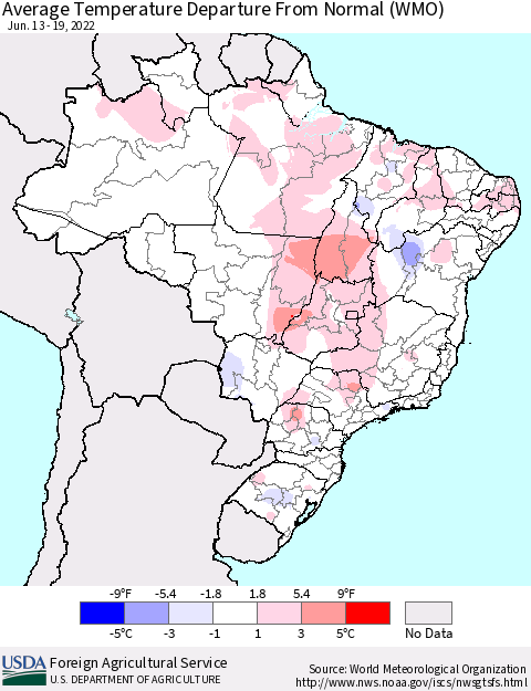 Brazil Average Temperature Departure from Normal (WMO) Thematic Map For 6/13/2022 - 6/19/2022