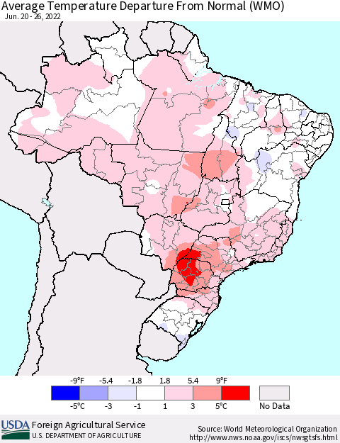 Brazil Average Temperature Departure from Normal (WMO) Thematic Map For 6/20/2022 - 6/26/2022