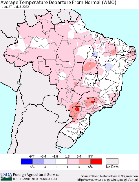 Brazil Average Temperature Departure from Normal (WMO) Thematic Map For 6/27/2022 - 7/3/2022