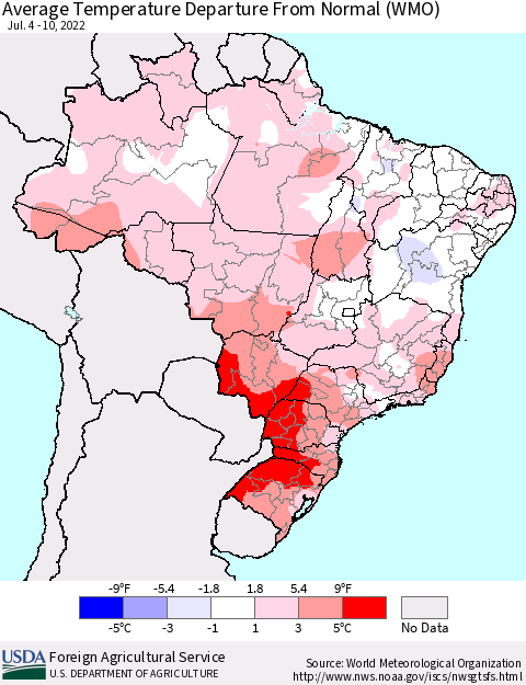 Brazil Average Temperature Departure from Normal (WMO) Thematic Map For 7/4/2022 - 7/10/2022