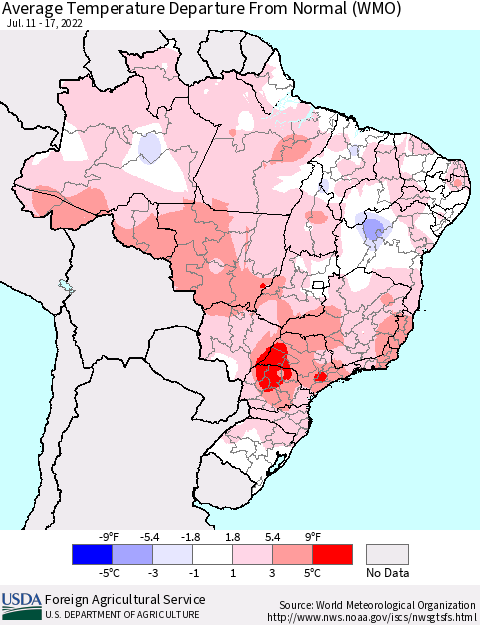 Brazil Average Temperature Departure from Normal (WMO) Thematic Map For 7/11/2022 - 7/17/2022
