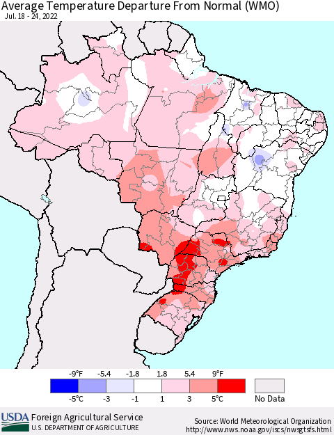 Brazil Average Temperature Departure from Normal (WMO) Thematic Map For 7/18/2022 - 7/24/2022