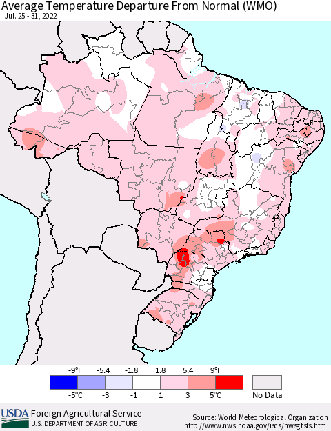 Brazil Average Temperature Departure from Normal (WMO) Thematic Map For 7/25/2022 - 7/31/2022