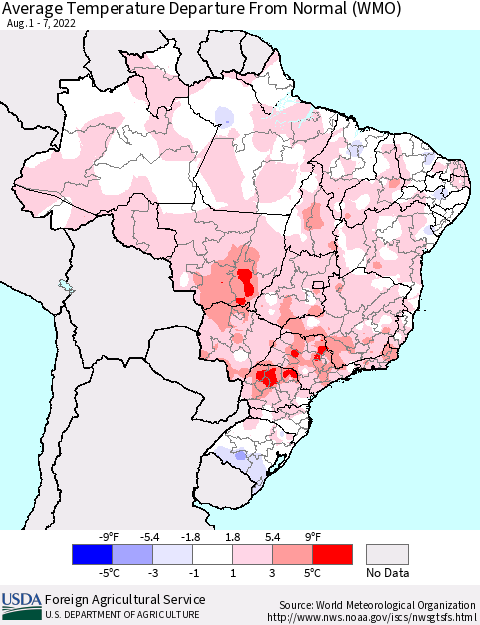 Brazil Average Temperature Departure from Normal (WMO) Thematic Map For 8/1/2022 - 8/7/2022