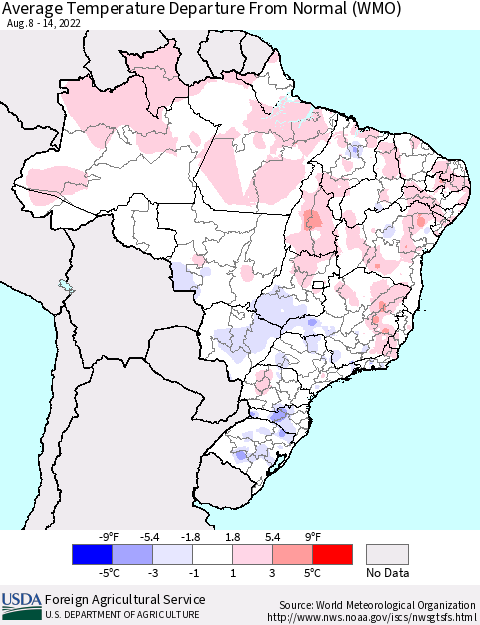 Brazil Average Temperature Departure from Normal (WMO) Thematic Map For 8/8/2022 - 8/14/2022
