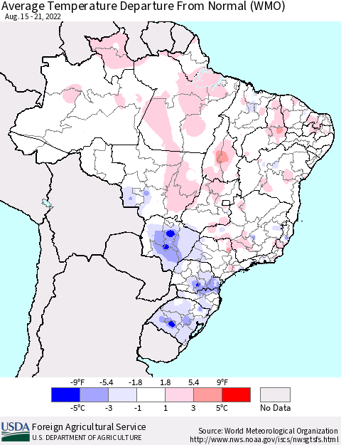 Brazil Average Temperature Departure from Normal (WMO) Thematic Map For 8/15/2022 - 8/21/2022