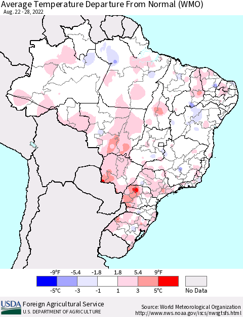 Brazil Average Temperature Departure from Normal (WMO) Thematic Map For 8/22/2022 - 8/28/2022
