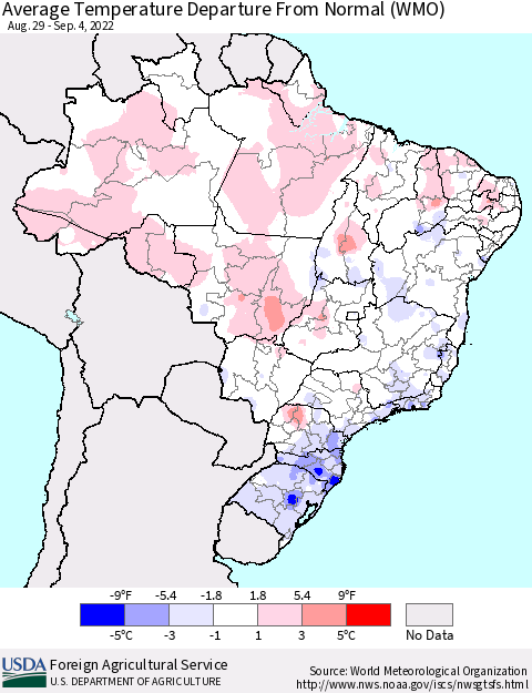 Brazil Average Temperature Departure from Normal (WMO) Thematic Map For 8/29/2022 - 9/4/2022
