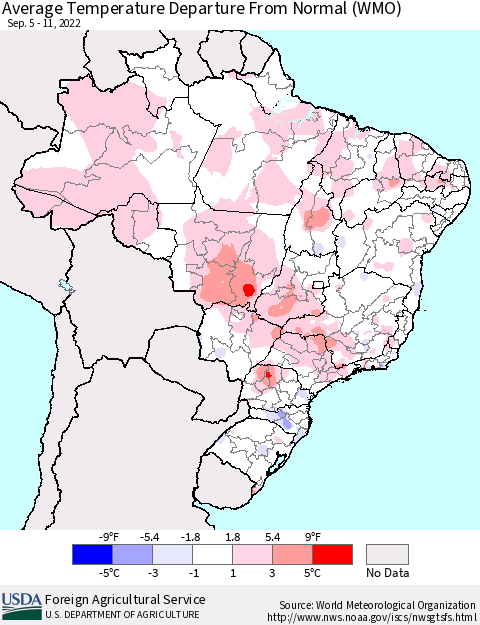 Brazil Average Temperature Departure from Normal (WMO) Thematic Map For 9/5/2022 - 9/11/2022