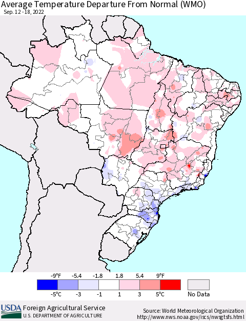 Brazil Average Temperature Departure from Normal (WMO) Thematic Map For 9/12/2022 - 9/18/2022