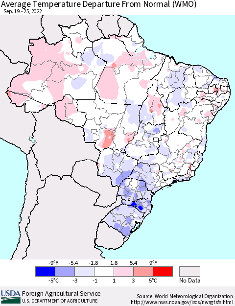 Brazil Average Temperature Departure from Normal (WMO) Thematic Map For 9/19/2022 - 9/25/2022