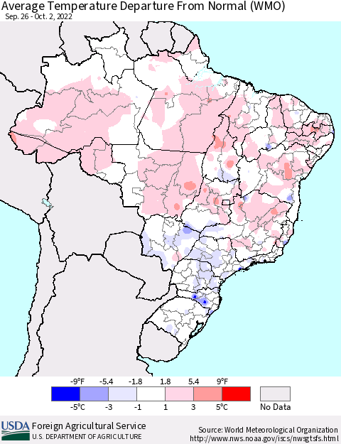 Brazil Average Temperature Departure from Normal (WMO) Thematic Map For 9/26/2022 - 10/2/2022