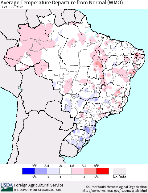 Brazil Average Temperature Departure from Normal (WMO) Thematic Map For 10/3/2022 - 10/9/2022