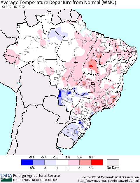 Brazil Average Temperature Departure from Normal (WMO) Thematic Map For 10/10/2022 - 10/16/2022