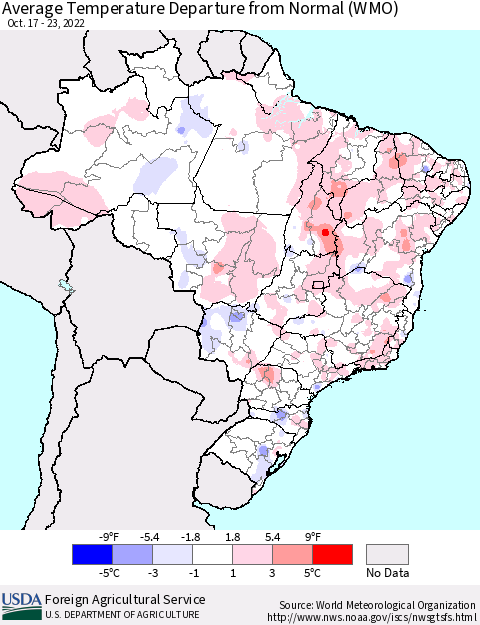 Brazil Average Temperature Departure from Normal (WMO) Thematic Map For 10/17/2022 - 10/23/2022