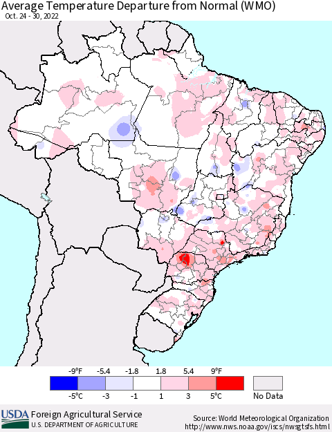 Brazil Average Temperature Departure from Normal (WMO) Thematic Map For 10/24/2022 - 10/30/2022