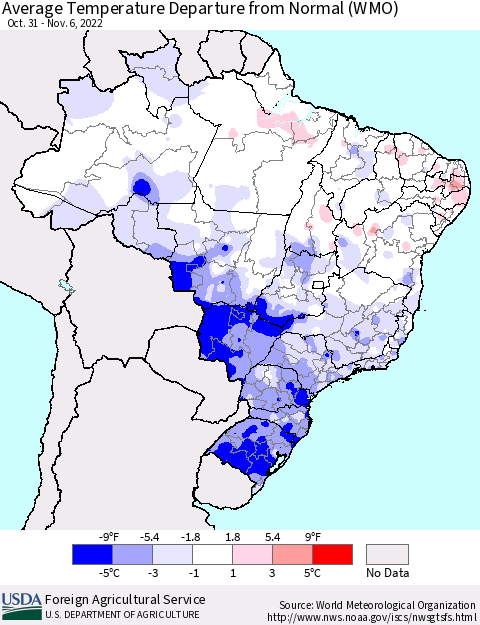 Brazil Average Temperature Departure from Normal (WMO) Thematic Map For 10/31/2022 - 11/6/2022