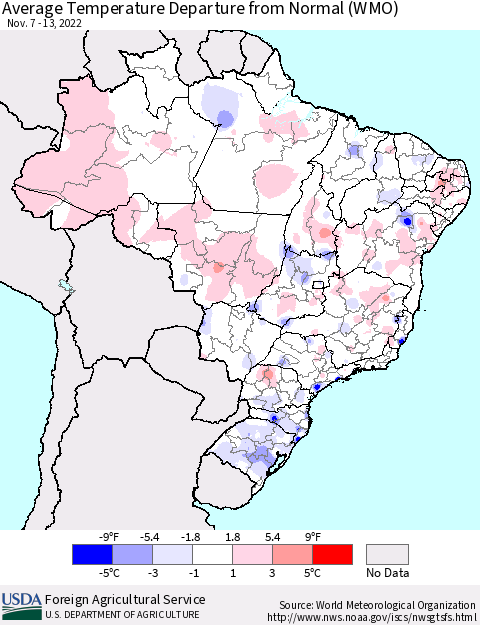 Brazil Average Temperature Departure from Normal (WMO) Thematic Map For 11/7/2022 - 11/13/2022