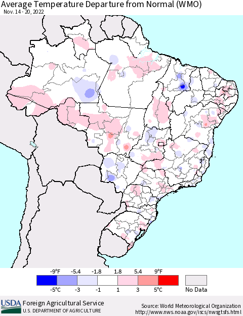 Brazil Average Temperature Departure from Normal (WMO) Thematic Map For 11/14/2022 - 11/20/2022