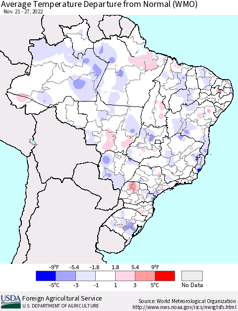 Brazil Average Temperature Departure from Normal (WMO) Thematic Map For 11/21/2022 - 11/27/2022