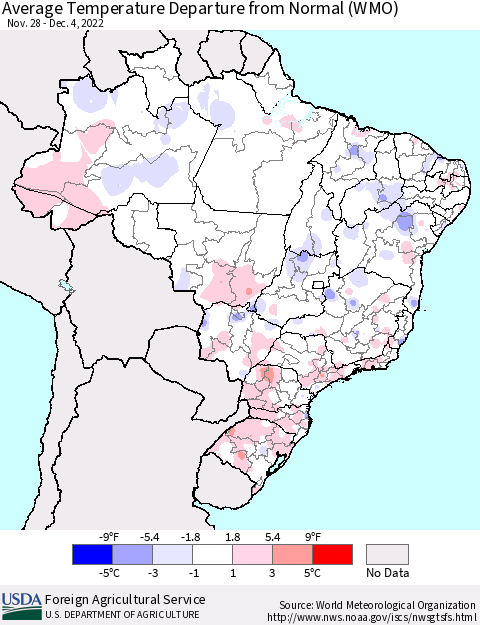 Brazil Average Temperature Departure from Normal (WMO) Thematic Map For 11/28/2022 - 12/4/2022