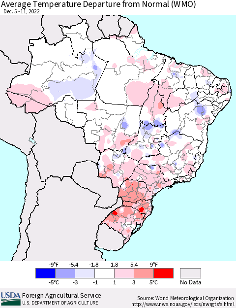 Brazil Average Temperature Departure from Normal (WMO) Thematic Map For 12/5/2022 - 12/11/2022